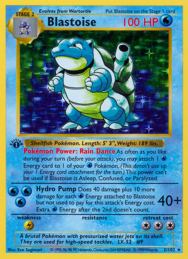 Blastoise 1999 Base Set holographic Pokemon trading card, presentation Galaxy Star variant
