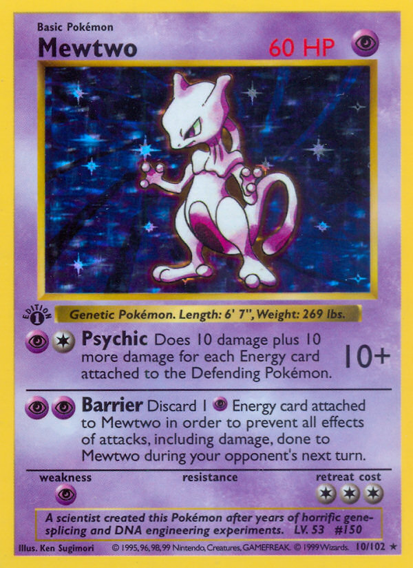 Mewtwo 1999 Base Set 1st Edition Shadowless holographic Pokemon trading card
